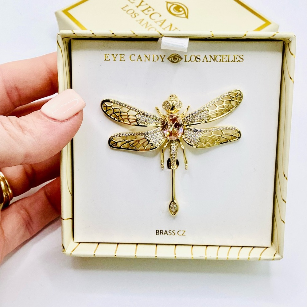 Eye Candy Gold Dragonfly Brooch with Light Pink Center Stone